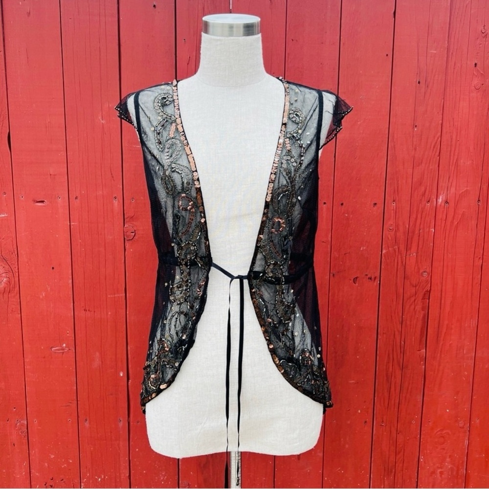 Rare 90s Karen Millen England Sequin Lace Black Cover-up Cardigan
